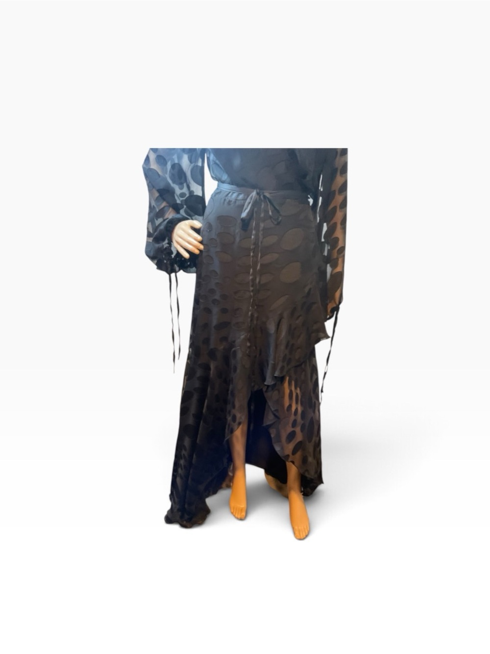 ASOS Black Wrap High-Low Maxi Dress with Sheer Dot Sleeves - Picture 3 of 10